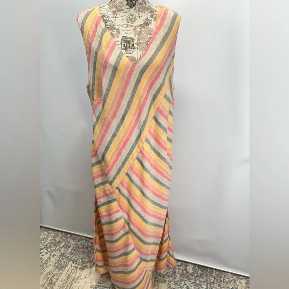 PURE JILL Pink, gray & yellow Linen sleeveless V neck maxi sundress size 3X - Picture 9 of 16
